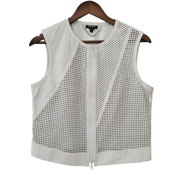 Worth New York Genuine Leather Zip Front Vest Size 10 White Perforated Moto - Picture 1 of 8